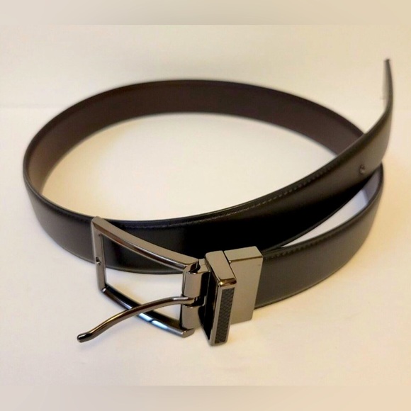 Perry Ellis reversible belt black or brown leather silver tone buckle - Picture 1 of 10